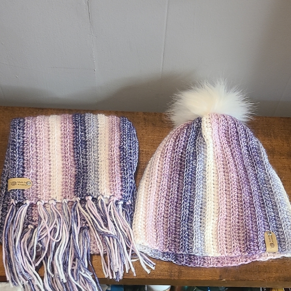 Handmade Womens Striped Purple and White Scarf And Hat Set With Pom Pom